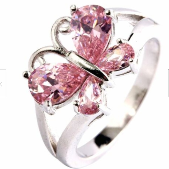 Silver Butterfly Cocktail Ring Size 11 Pink Cubic Zirconia Rhodium Plated - Picture 1 of 7